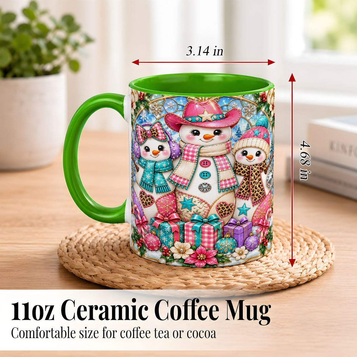 #pl[11oz|Green] Western Snowmen Coffee Mug, Stained Glass Style Mug, Ceramic Cup