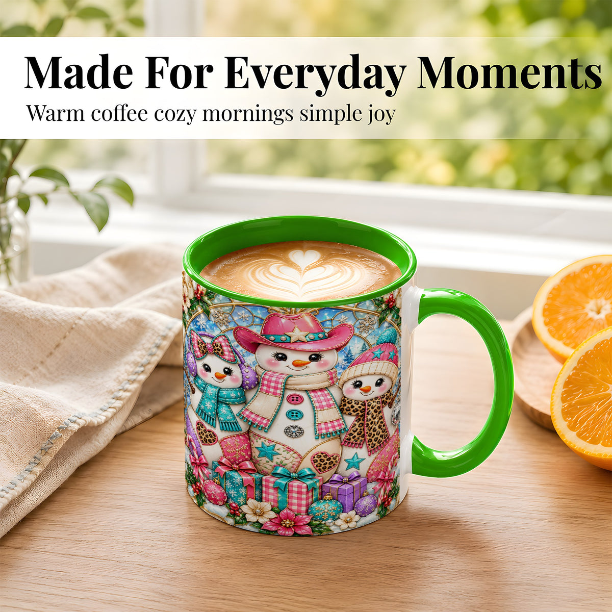 #pl[11oz|Green] Western Snowmen Coffee Mug, Stained Glass Style Mug, Ceramic Cup
