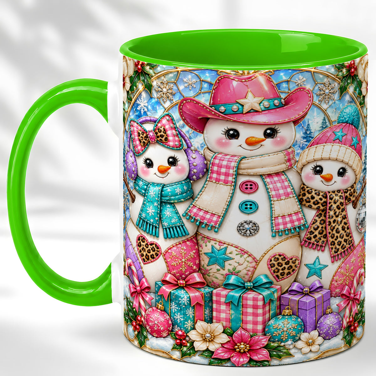 #pl[11oz|Green] Western Snowmen Coffee Mug, Stained Glass Style Mug, Ceramic Cup
