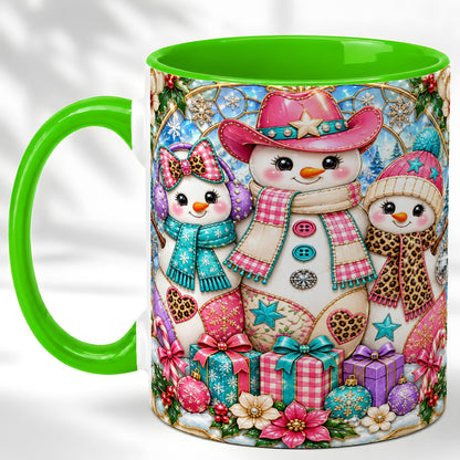 #pl[11oz|Green] Western Snowmen Coffee Mug, Stained Glass Style Mug, Ceramic Cup