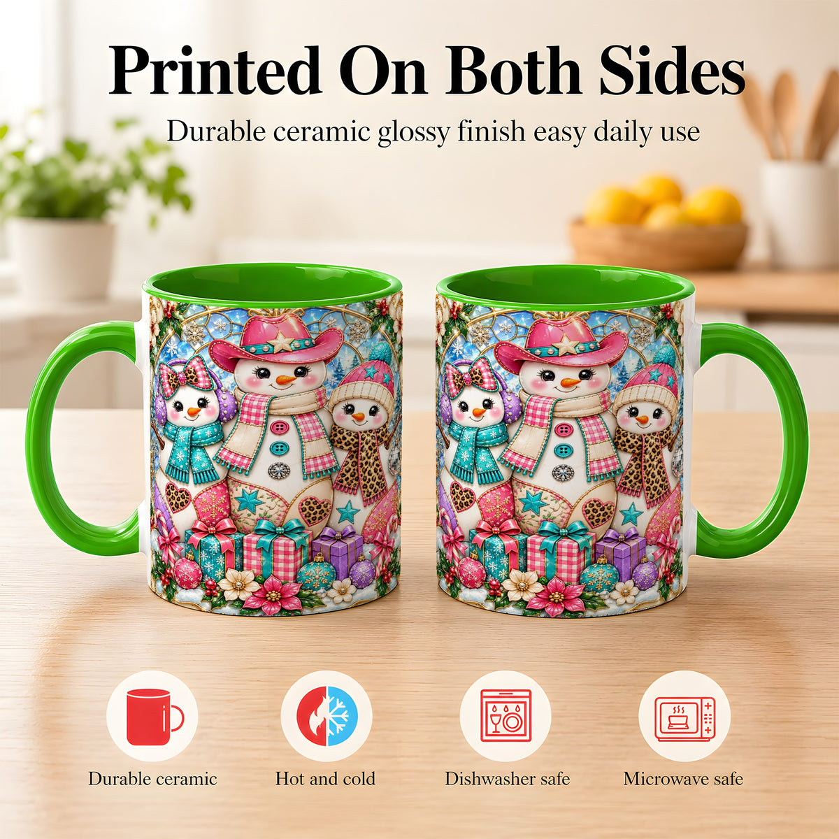 #pl[11oz|Green] Western Snowmen Coffee Mug, Stained Glass Style Mug, Ceramic Cup