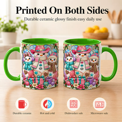 #pl[11oz|Green] Western Snowmen Coffee Mug, Stained Glass Style Mug, Ceramic Cup
