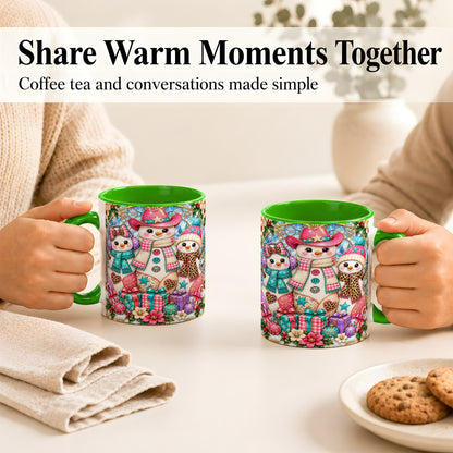 #pl[11oz|Green] Western Snowmen Coffee Mug, Stained Glass Style Mug, Ceramic Cup