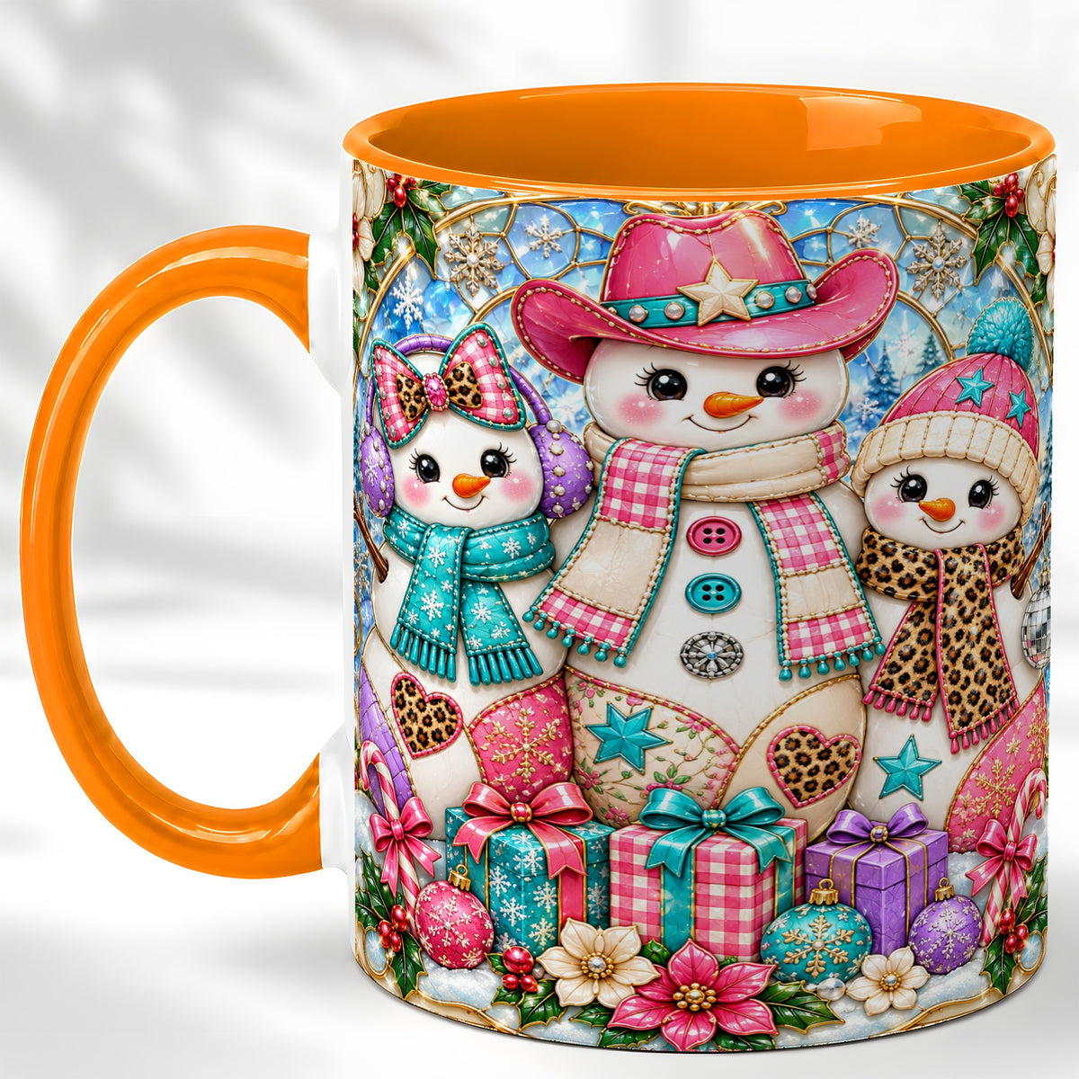 #pl[11oz|Orange] Western Snowmen Coffee Mug, Stained Glass Style Mug, Ceramic Cup