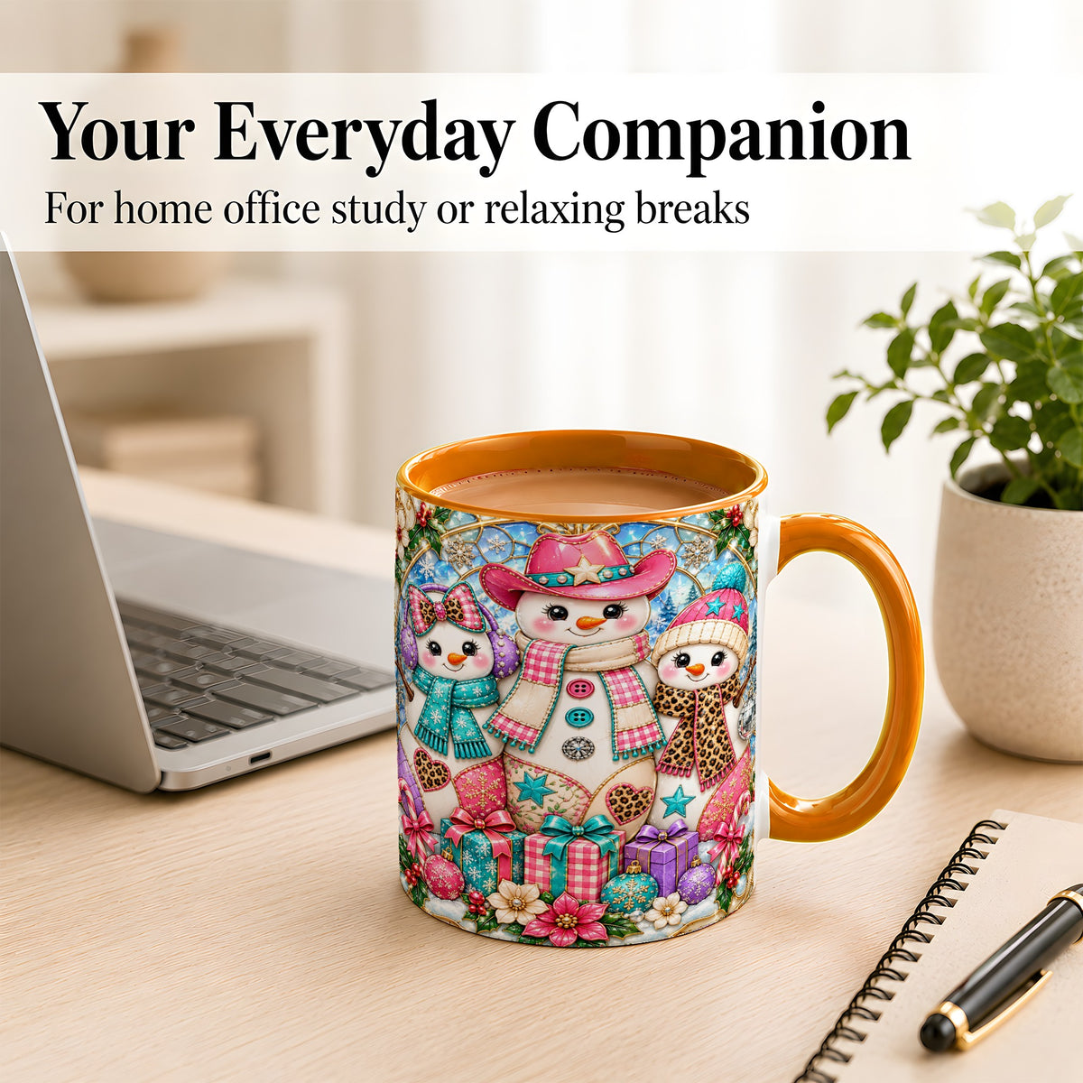 #pl[11oz|Orange] Western Snowmen Coffee Mug, Stained Glass Style Mug, Ceramic Cup