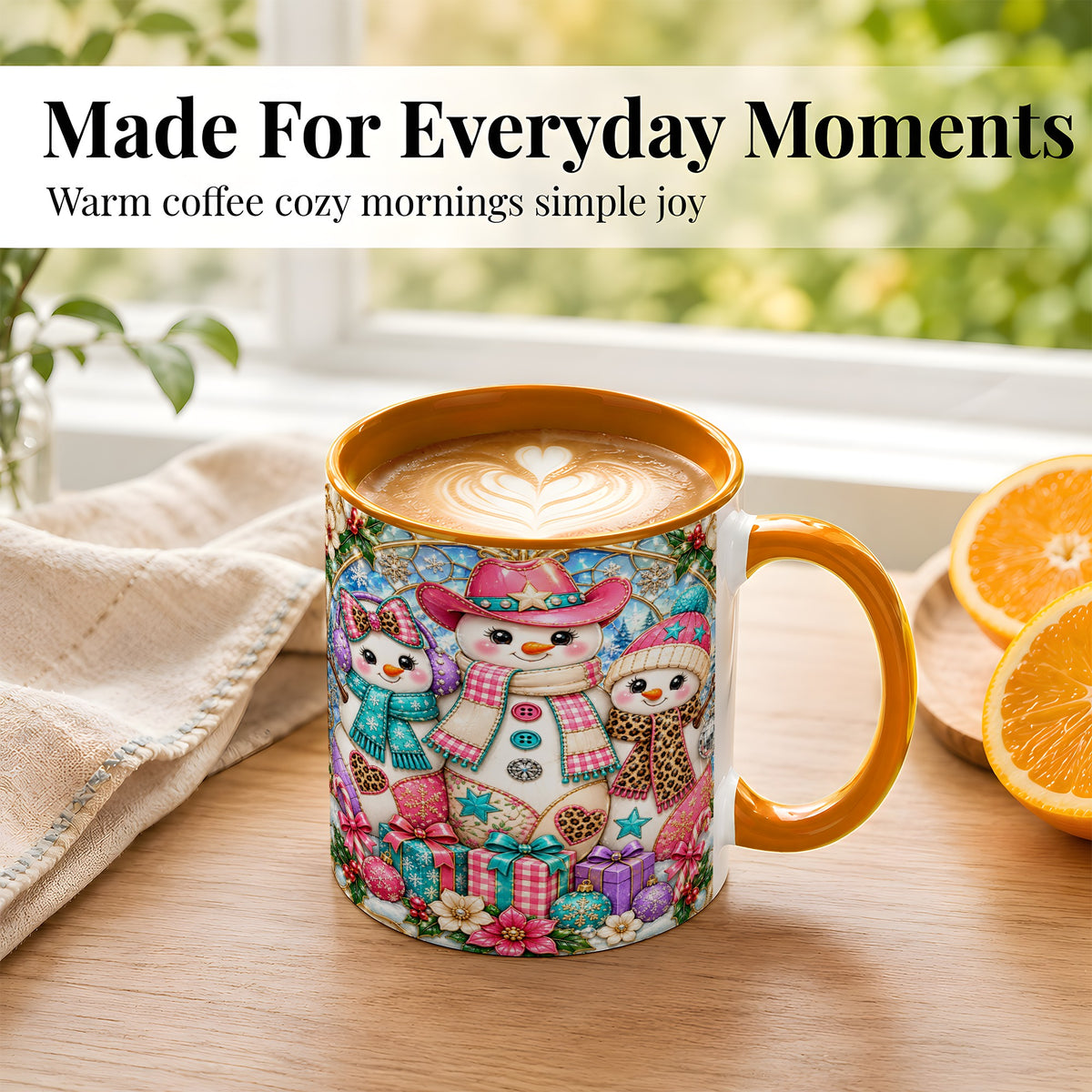 #pl[11oz|Orange] Western Snowmen Coffee Mug, Stained Glass Style Mug, Ceramic Cup