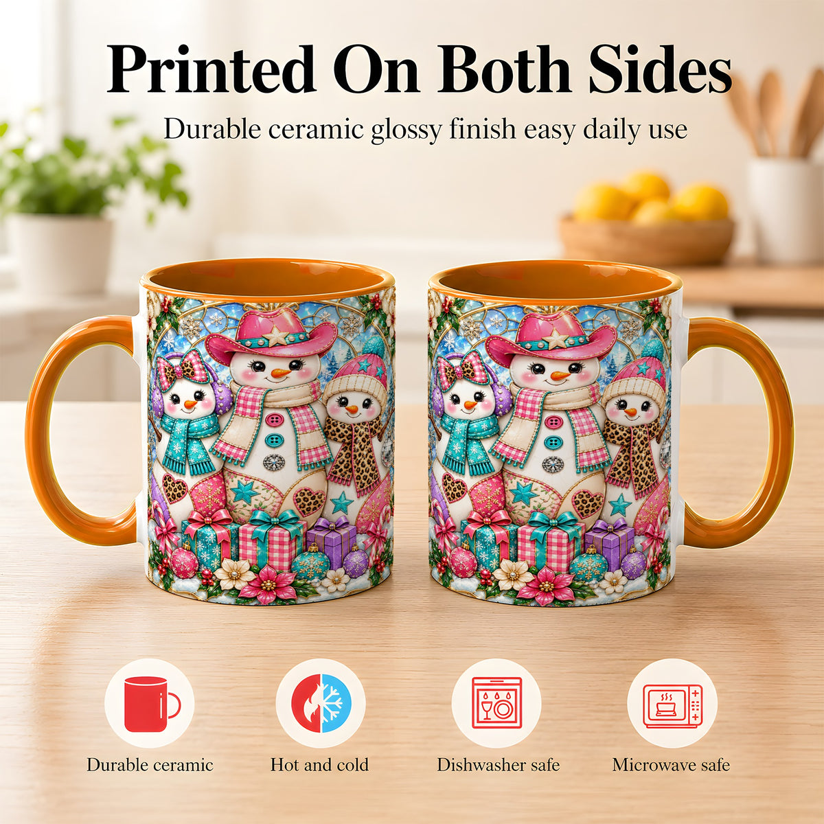 #pl[11oz|Orange] Western Snowmen Coffee Mug, Stained Glass Style Mug, Ceramic Cup