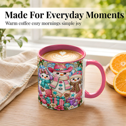 #pl[11oz|Pink] Western Snowmen Coffee Mug, Stained Glass Style Mug, Ceramic Cup