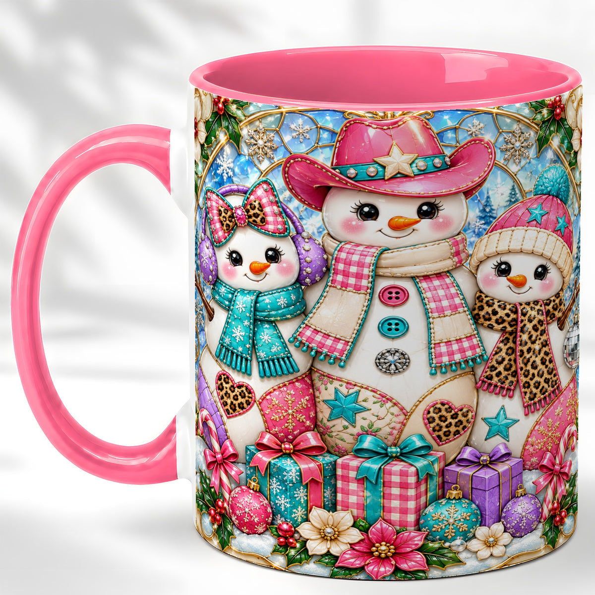 #pl[11oz|Pink] Western Snowmen Coffee Mug, Stained Glass Style Mug, Ceramic Cup