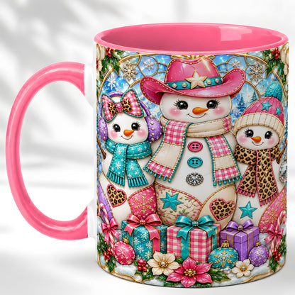 #pl[11oz|Pink] Western Snowmen Coffee Mug, Stained Glass Style Mug, Ceramic Cup