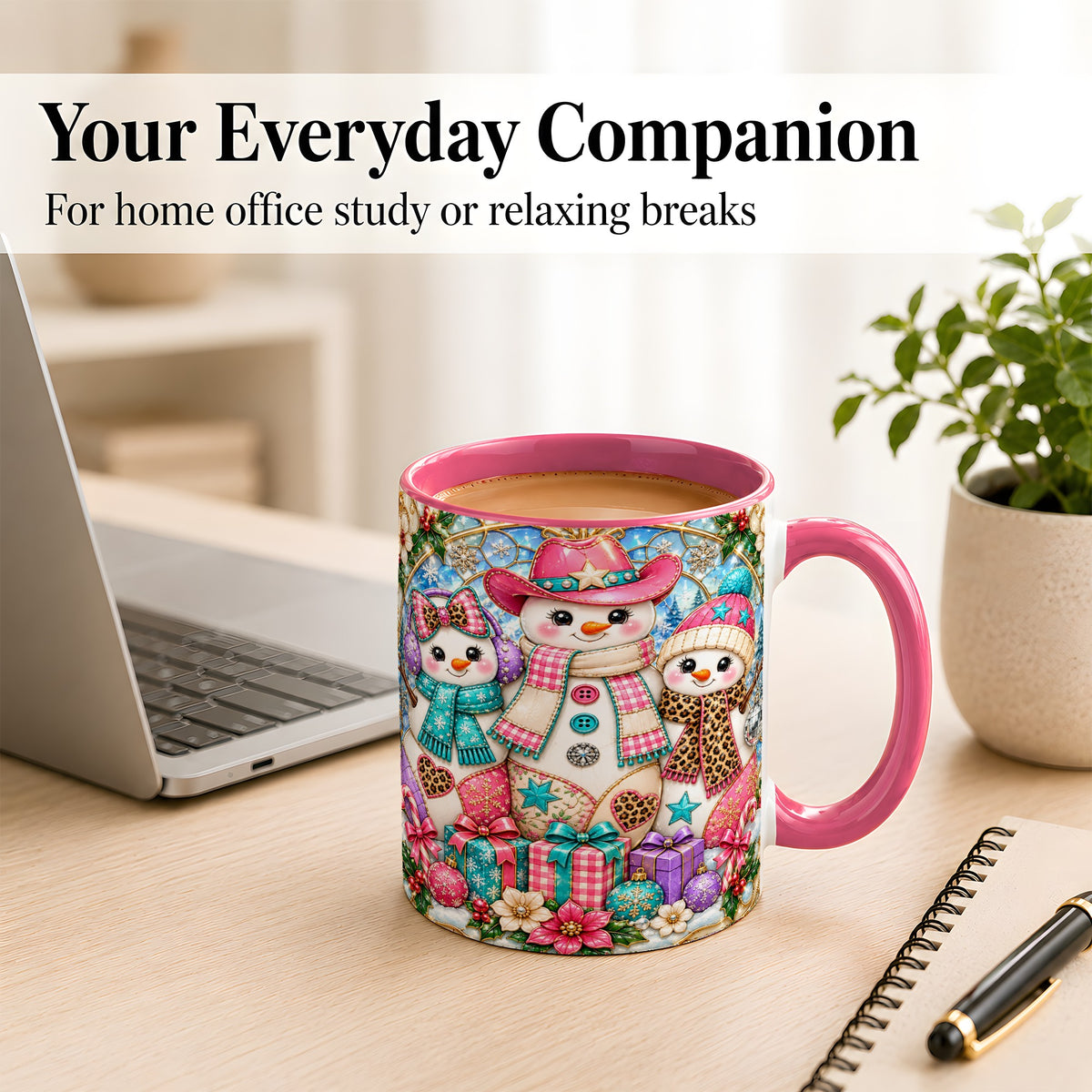 #pl[11oz|Pink] Western Snowmen Coffee Mug, Stained Glass Style Mug, Ceramic Cup