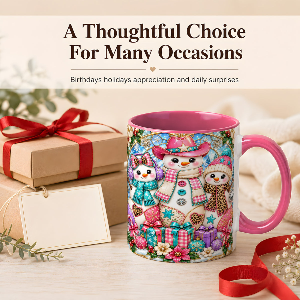 #pl[11oz|Pink] Western Snowmen Coffee Mug, Stained Glass Style Mug, Ceramic Cup