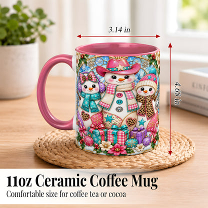 #pl[11oz|Pink] Western Snowmen Coffee Mug, Stained Glass Style Mug, Ceramic Cup