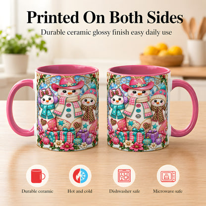 #pl[11oz|Pink] Western Snowmen Coffee Mug, Stained Glass Style Mug, Ceramic Cup