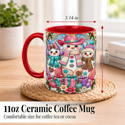 #pl[11oz|Red] Western Snowmen Coffee Mug, Stained Glass Style Mug, Ceramic Cup