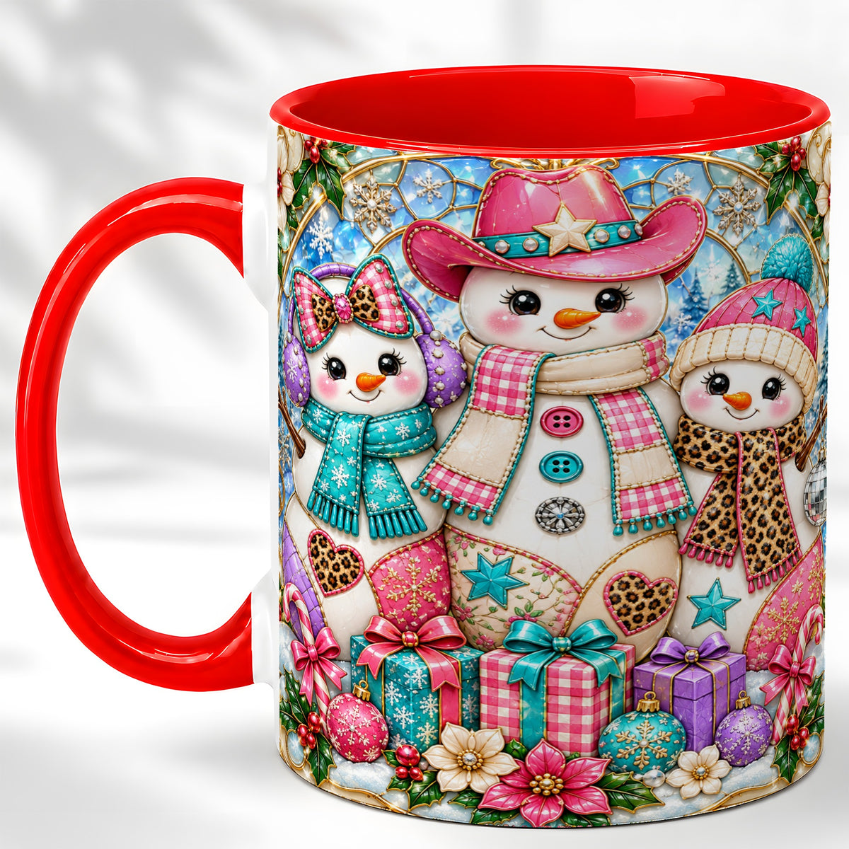 Western Snowmen Coffee Mug, Stained Glass Style Mug, Ceramic Cup