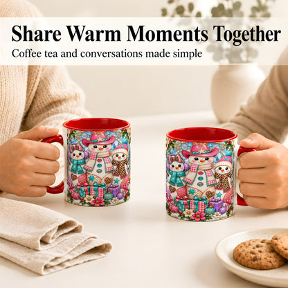 #pl[11oz|Red] Western Snowmen Coffee Mug, Stained Glass Style Mug, Ceramic Cup