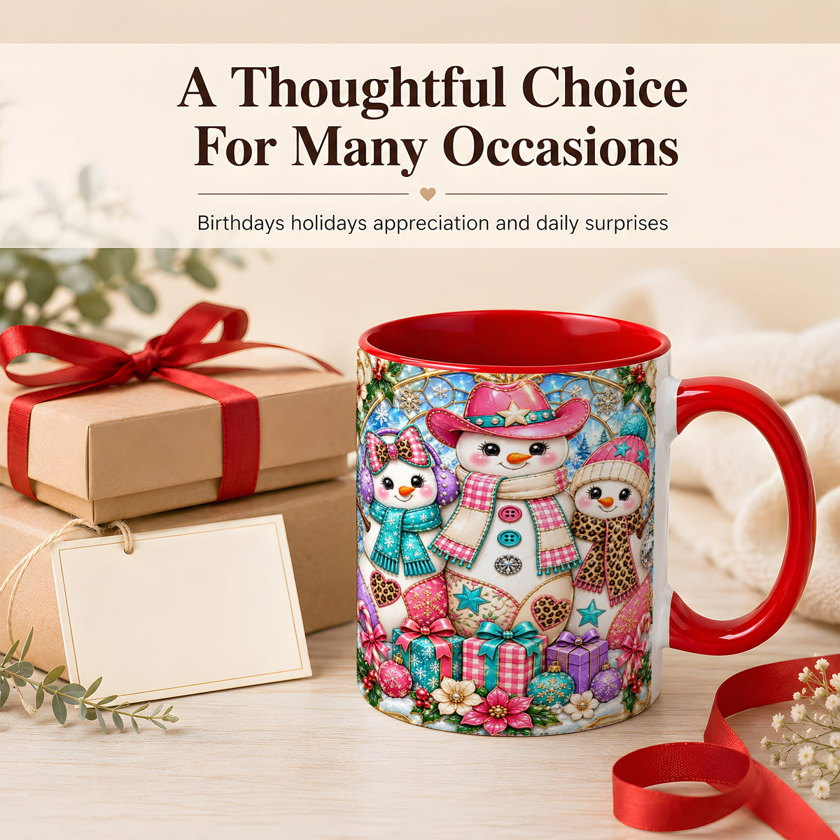 #pl[11oz|Red] Western Snowmen Coffee Mug, Stained Glass Style Mug, Ceramic Cup