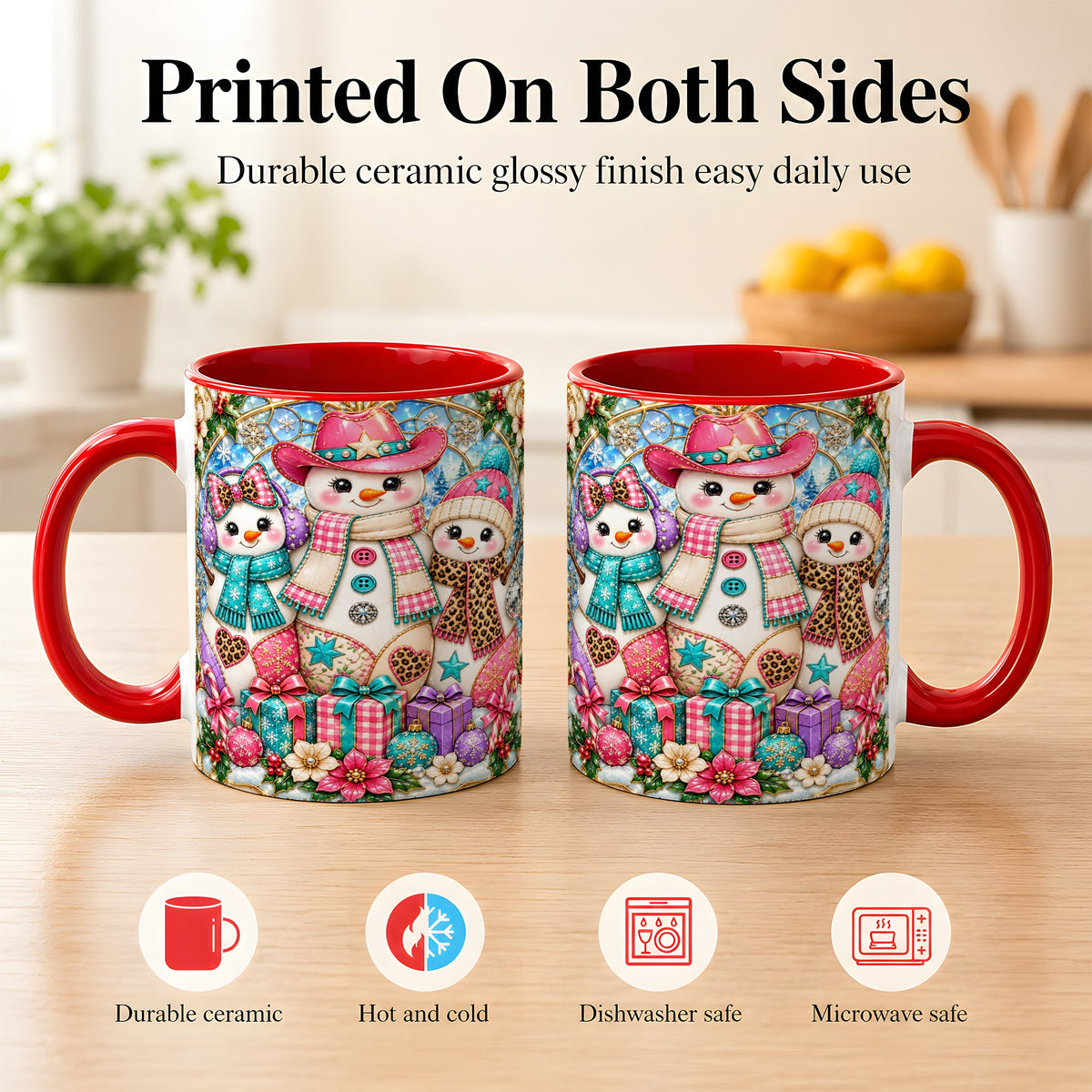 #pl[11oz|Red] Western Snowmen Coffee Mug, Stained Glass Style Mug, Ceramic Cup
