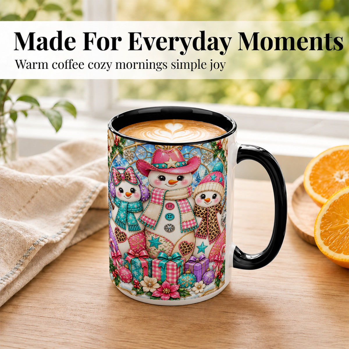 #pl[15oz|Black] Western Snowmen Coffee Mug, Stained Glass Style Mug, Ceramic Cup