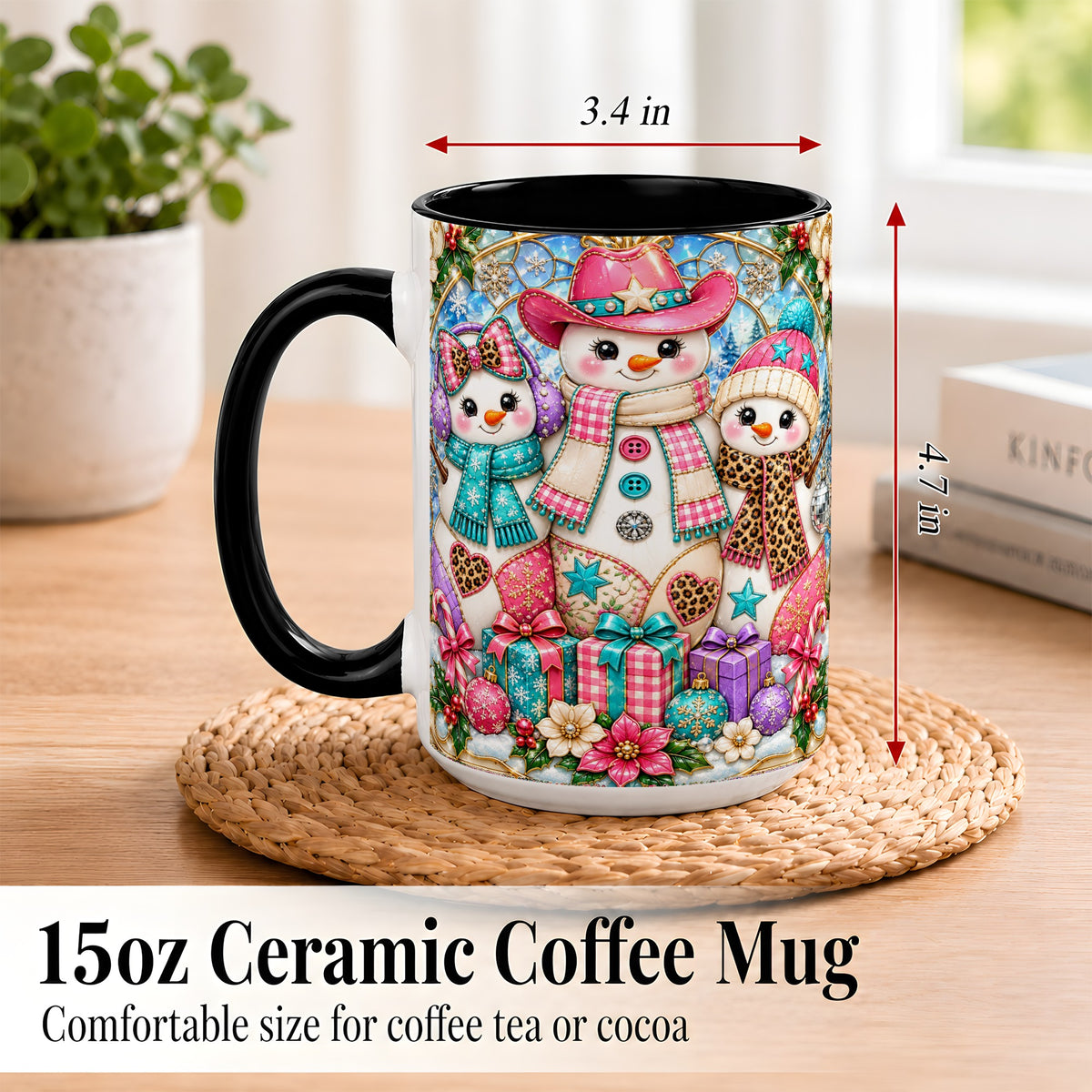 #pl[15oz|Black] Western Snowmen Coffee Mug, Stained Glass Style Mug, Ceramic Cup