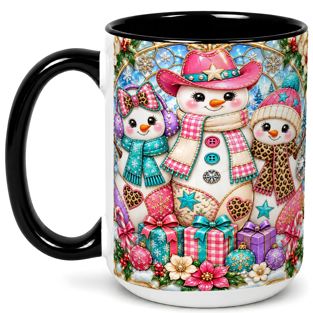 #pl[15oz|Black] Western Snowmen Coffee Mug, Stained Glass Style Mug, Ceramic Cup