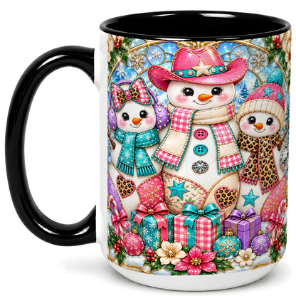 #pl[15oz|Black] Western Snowmen Coffee Mug, Stained Glass Style Mug, Ceramic Cup
