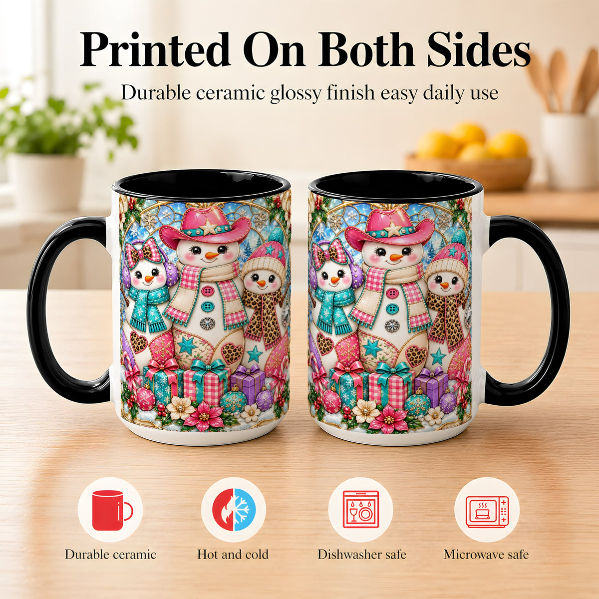 #pl[15oz|Black] Western Snowmen Coffee Mug, Stained Glass Style Mug, Ceramic Cup