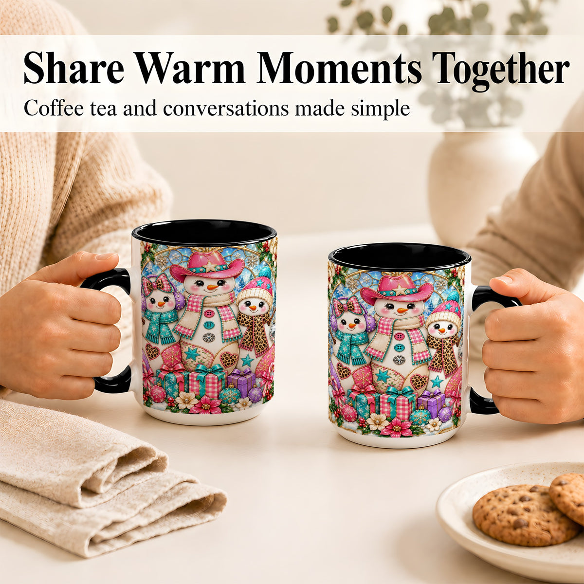 #pl[15oz|Black] Western Snowmen Coffee Mug, Stained Glass Style Mug, Ceramic Cup