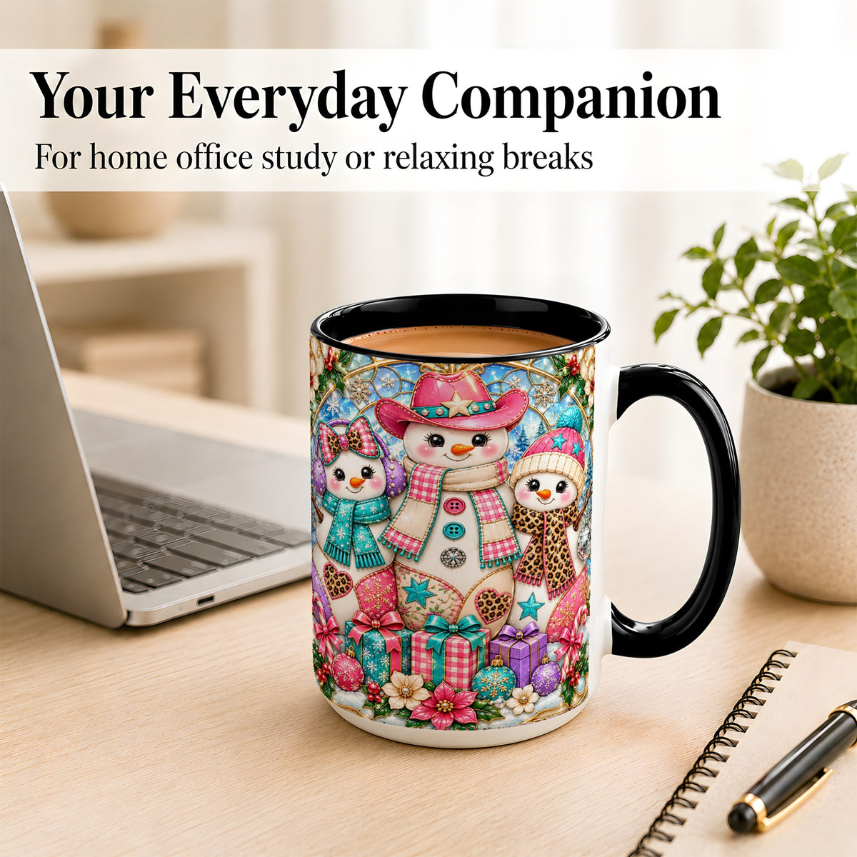 #pl[15oz|Black] Western Snowmen Coffee Mug, Stained Glass Style Mug, Ceramic Cup