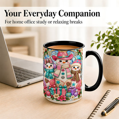 #pl[15oz|Black] Western Snowmen Coffee Mug, Stained Glass Style Mug, Ceramic Cup