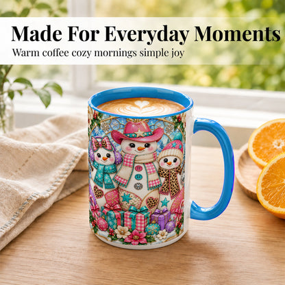 #pl[15oz|Blue] Western Snowmen Coffee Mug, Stained Glass Style Mug, Ceramic Cup