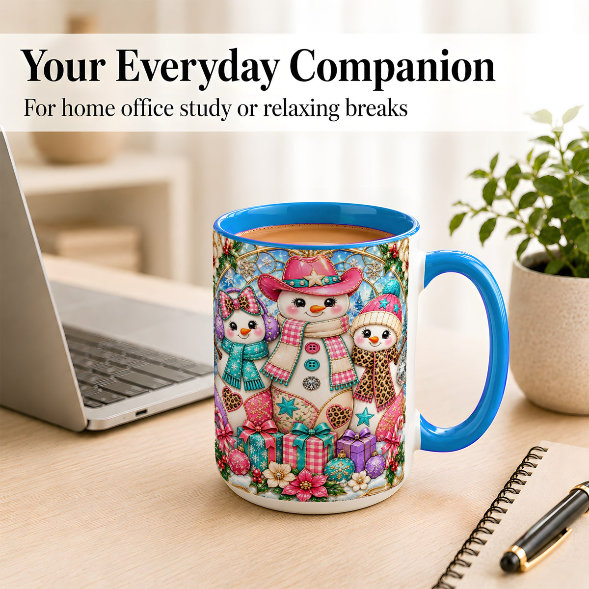 #pl[15oz|Blue] Western Snowmen Coffee Mug, Stained Glass Style Mug, Ceramic Cup