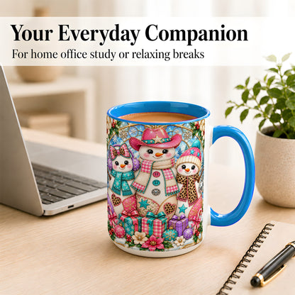 #pl[15oz|Blue] Western Snowmen Coffee Mug, Stained Glass Style Mug, Ceramic Cup
