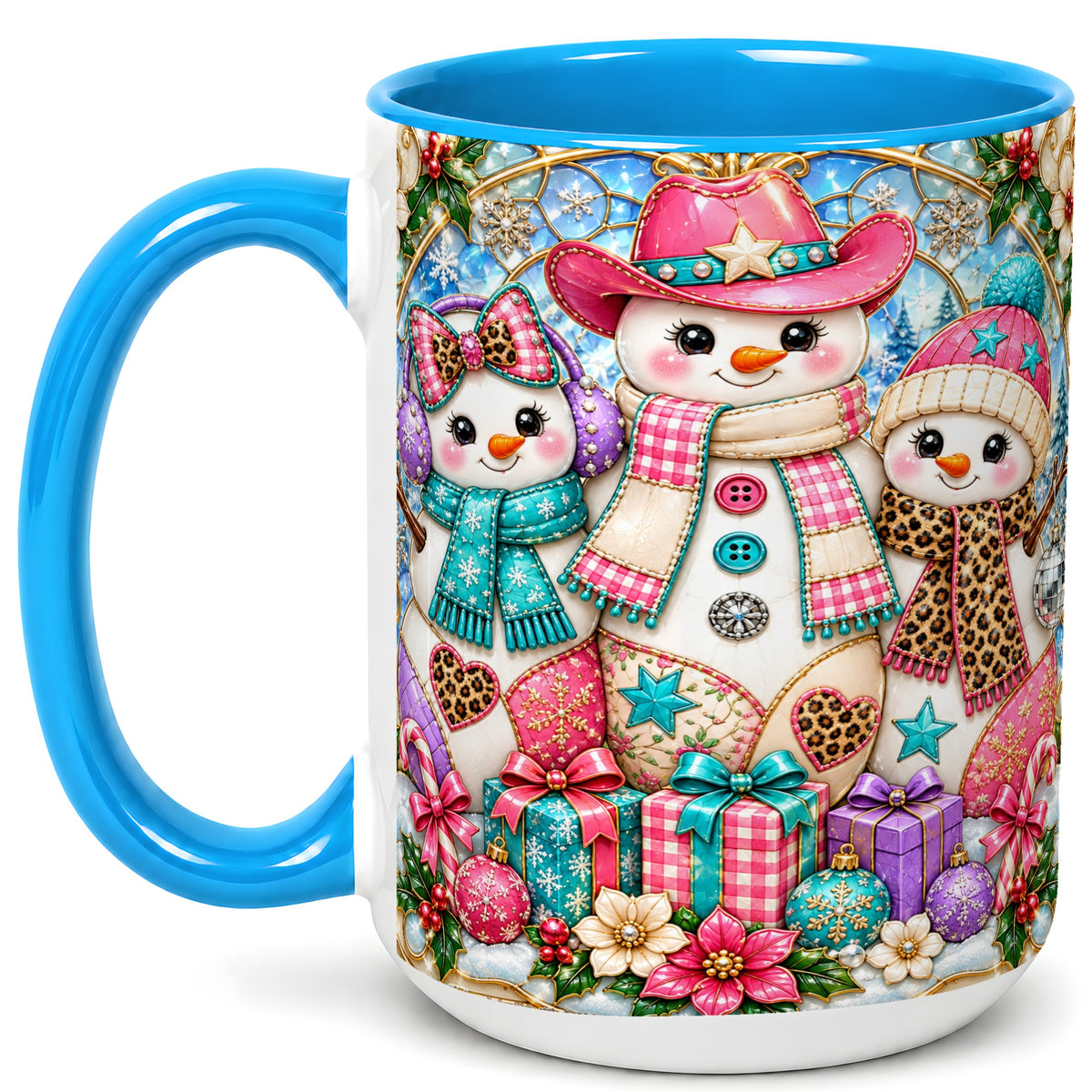 #pl[15oz|Blue] Western Snowmen Coffee Mug, Stained Glass Style Mug, Ceramic Cup