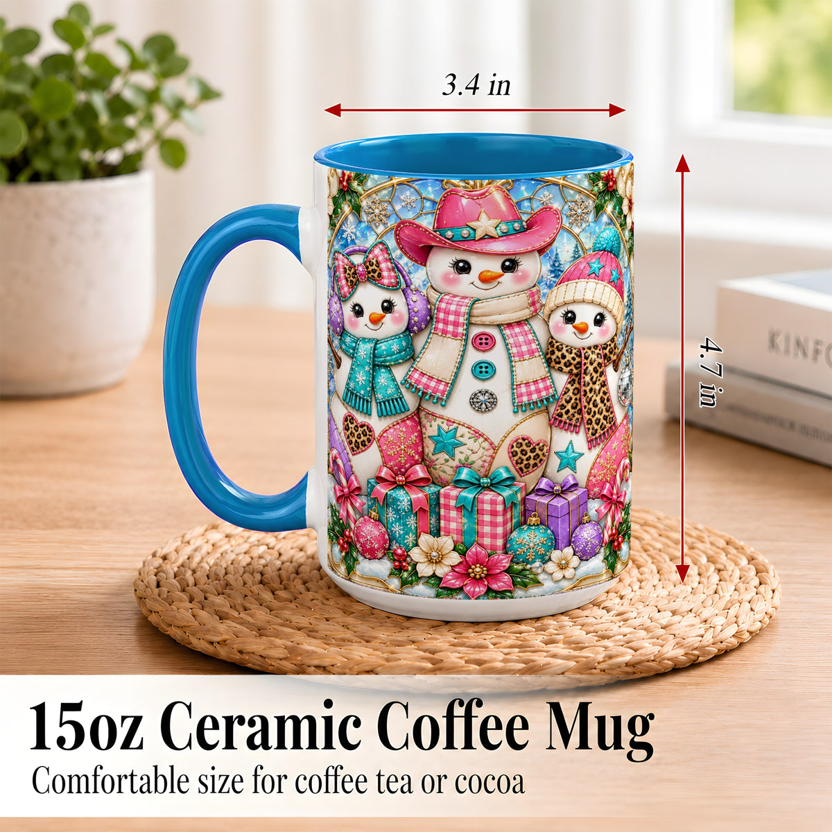 #pl[15oz|Blue] Western Snowmen Coffee Mug, Stained Glass Style Mug, Ceramic Cup