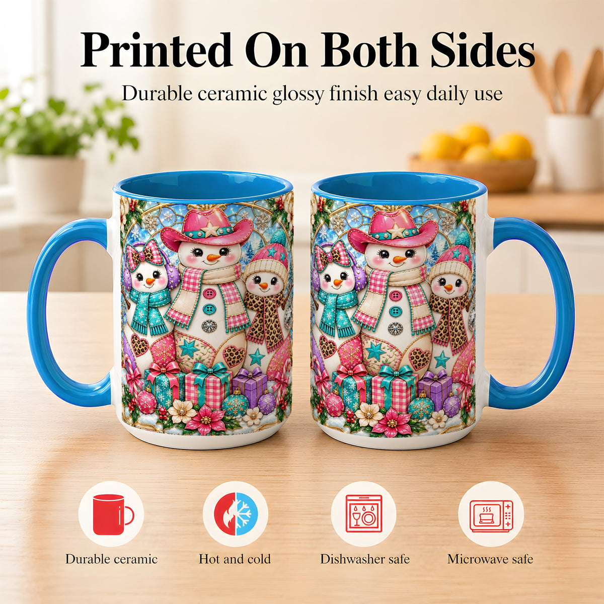 #pl[15oz|Blue] Western Snowmen Coffee Mug, Stained Glass Style Mug, Ceramic Cup