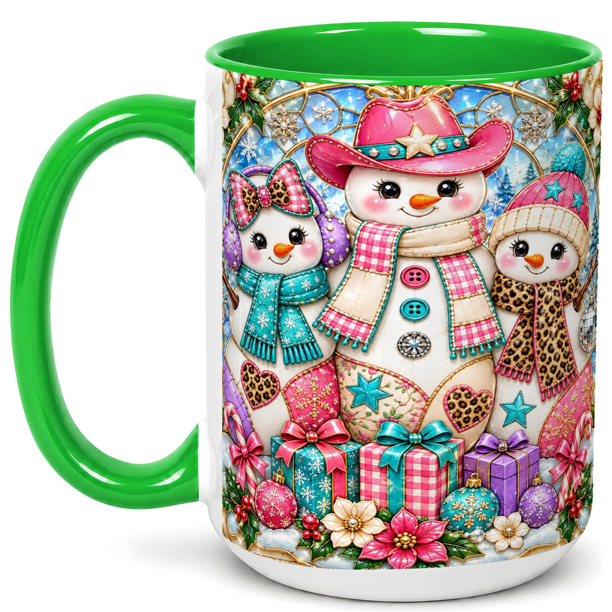 #pl[15oz|Green] Western Snowmen Coffee Mug, Stained Glass Style Mug, Ceramic Cup