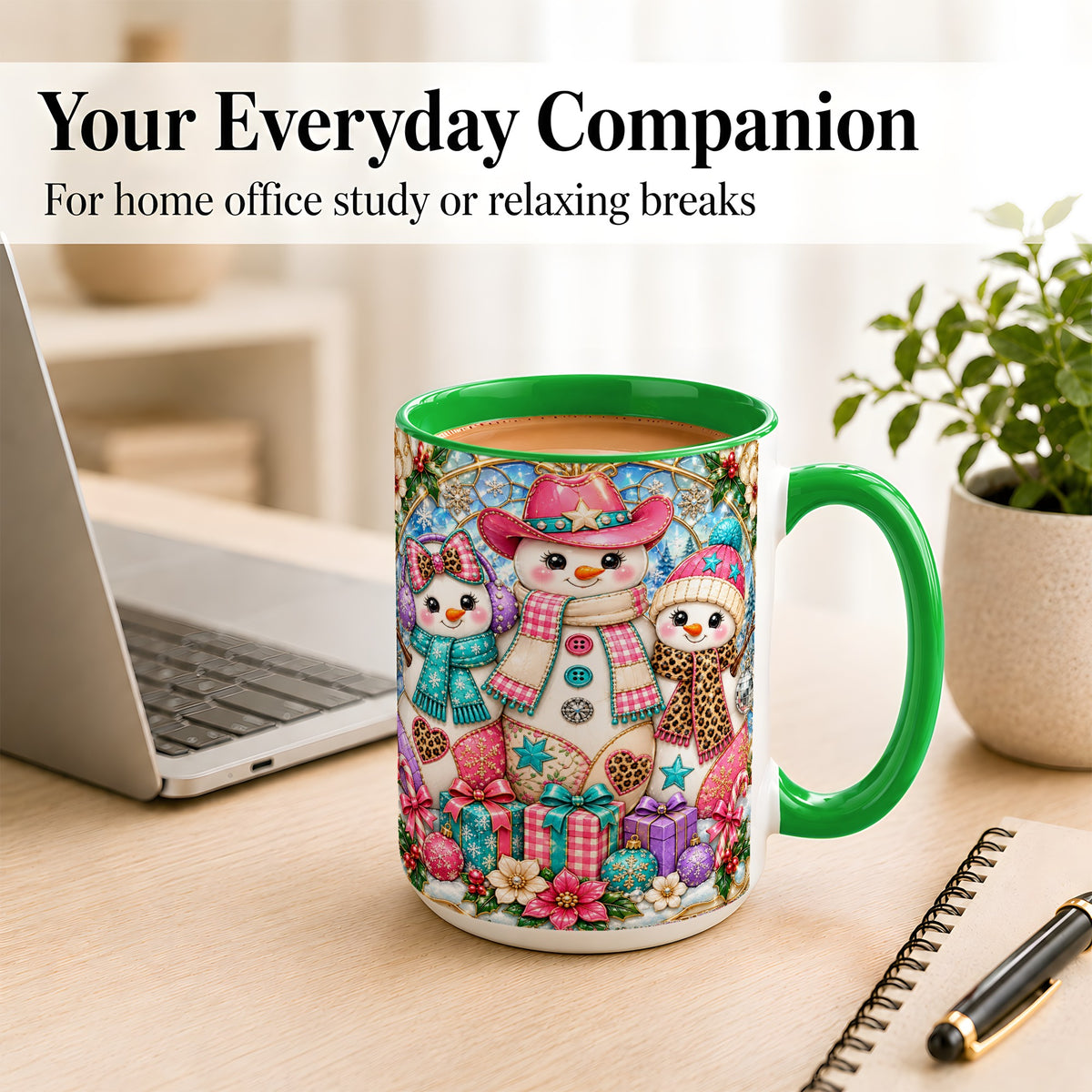 #pl[15oz|Green] Western Snowmen Coffee Mug, Stained Glass Style Mug, Ceramic Cup