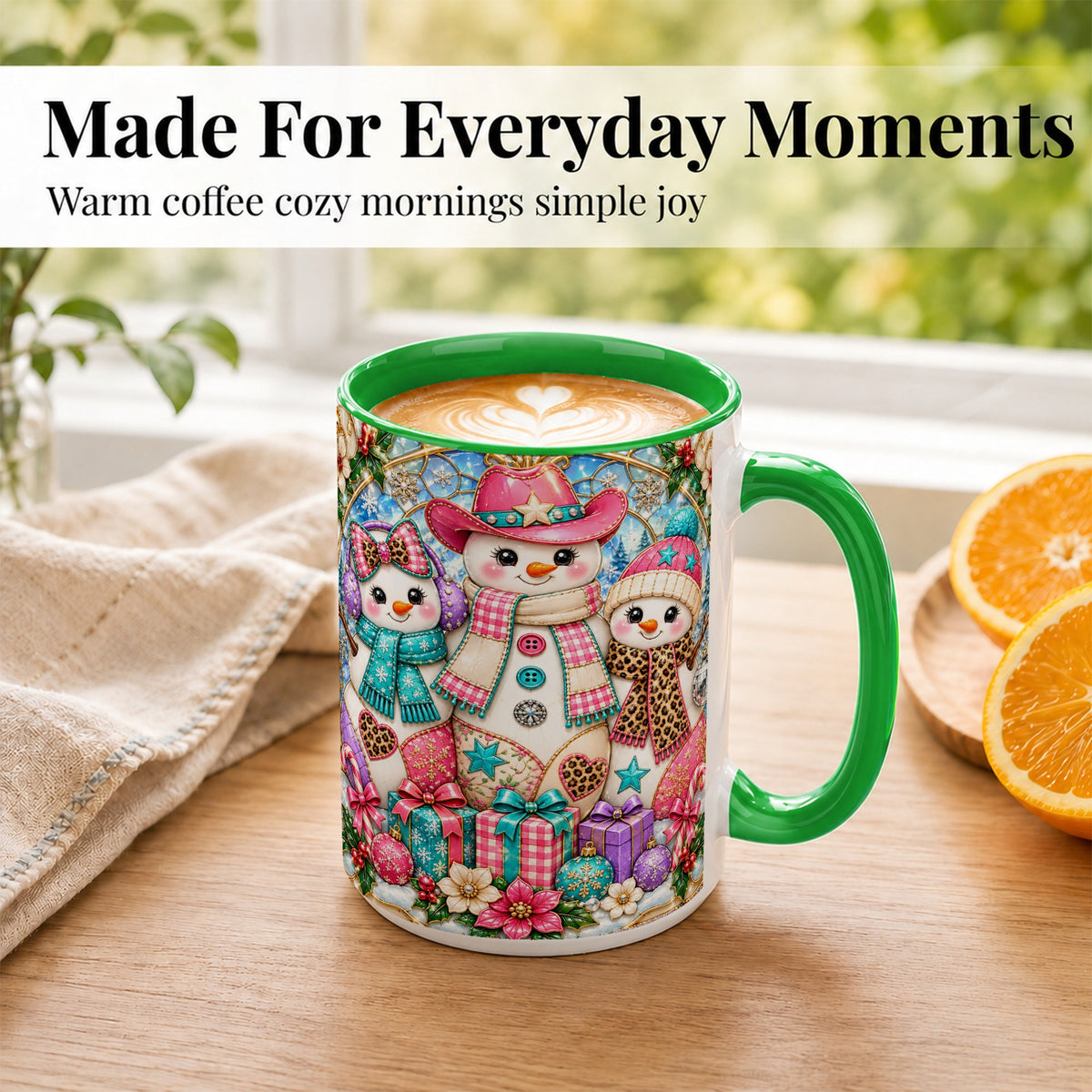 #pl[15oz|Green] Western Snowmen Coffee Mug, Stained Glass Style Mug, Ceramic Cup
