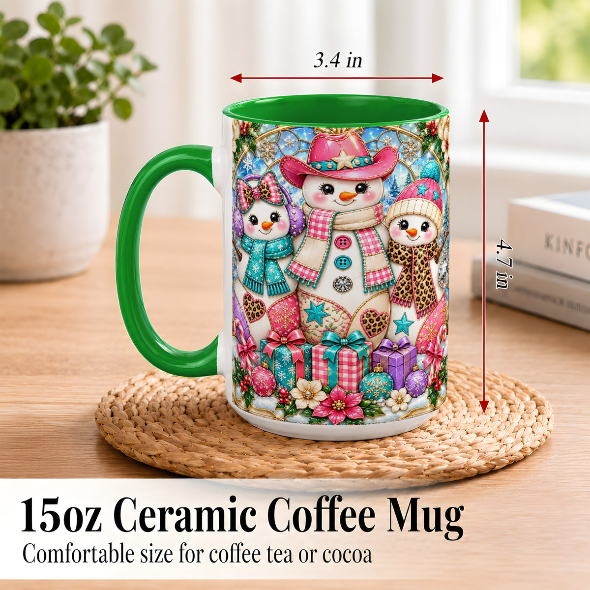 #pl[15oz|Green] Western Snowmen Coffee Mug, Stained Glass Style Mug, Ceramic Cup