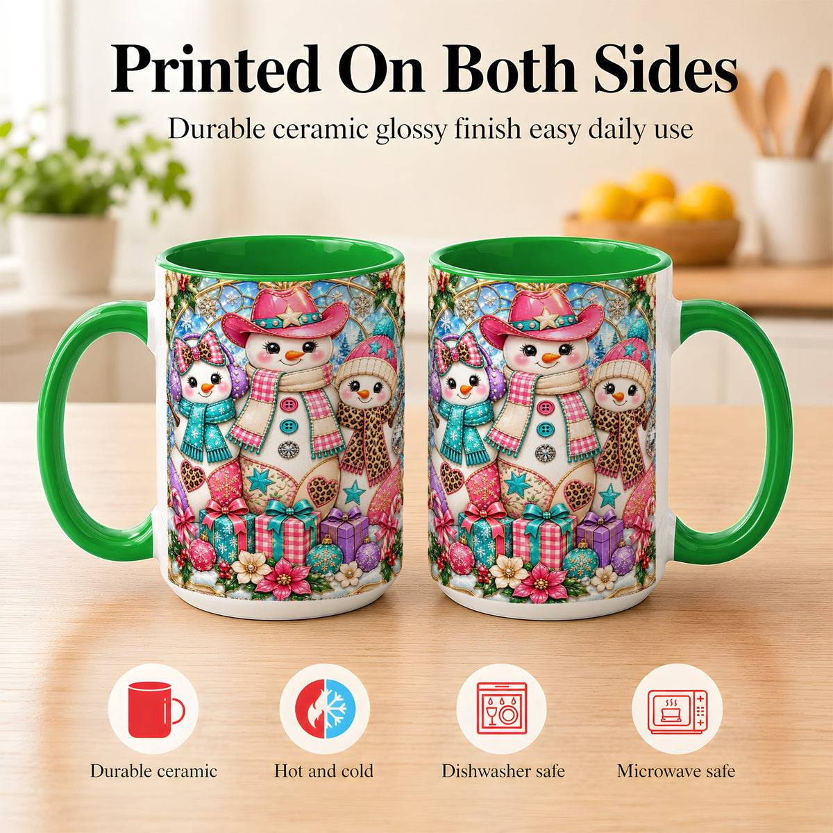 #pl[15oz|Green] Western Snowmen Coffee Mug, Stained Glass Style Mug, Ceramic Cup