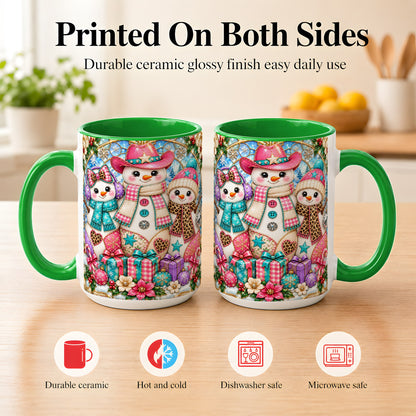#pl[15oz|Green] Western Snowmen Coffee Mug, Stained Glass Style Mug, Ceramic Cup