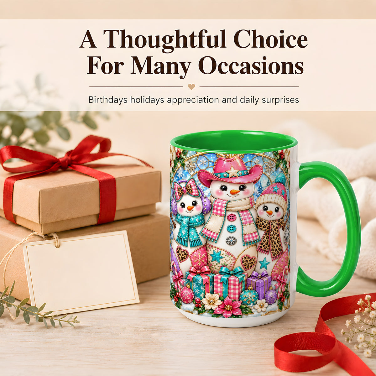 #pl[15oz|Green] Western Snowmen Coffee Mug, Stained Glass Style Mug, Ceramic Cup