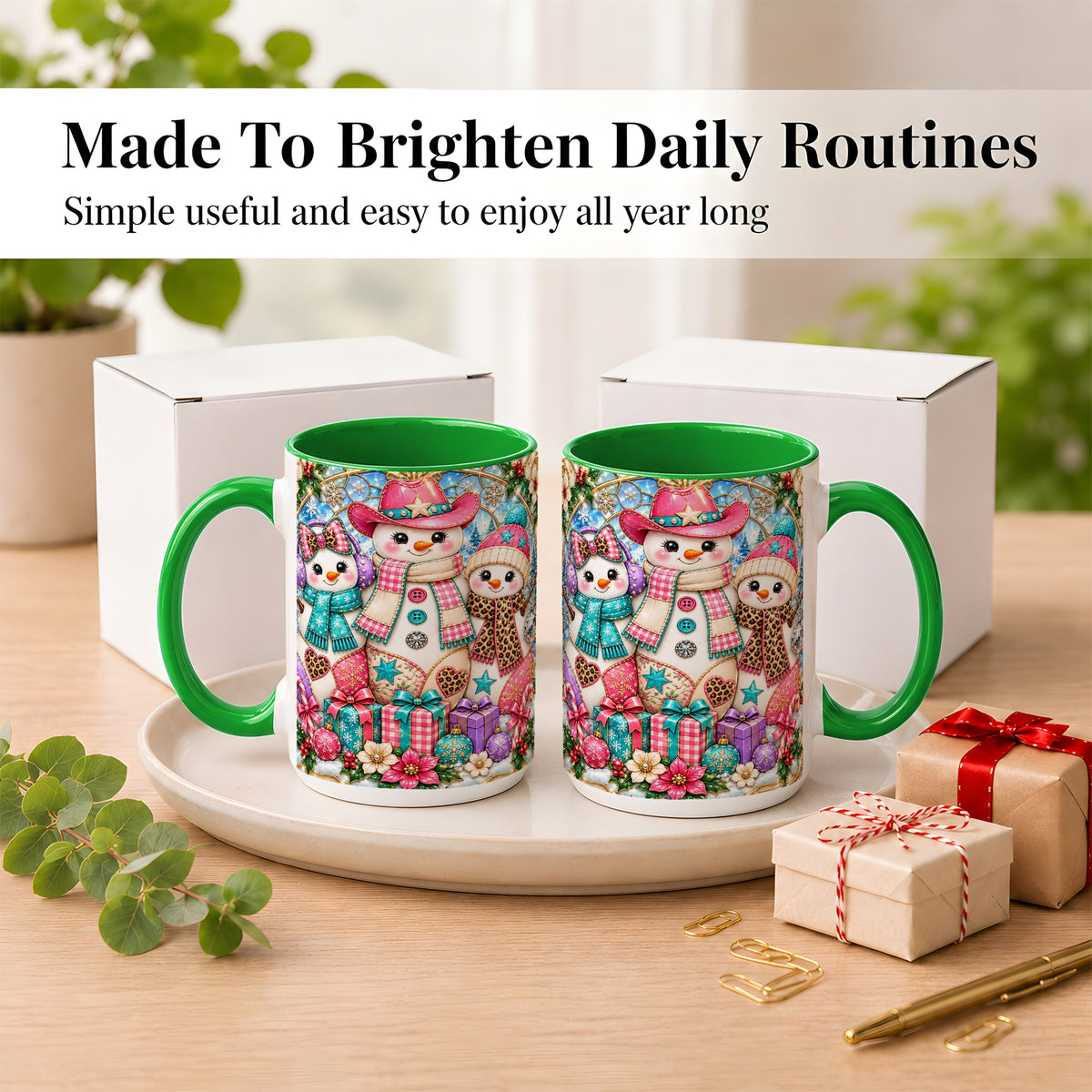 #pl[15oz|Green] Western Snowmen Coffee Mug, Stained Glass Style Mug, Ceramic Cup