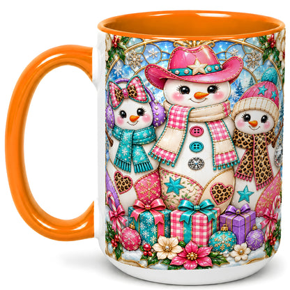 #pl[15oz|Orange] Western Snowmen Coffee Mug, Stained Glass Style Mug, Ceramic Cup