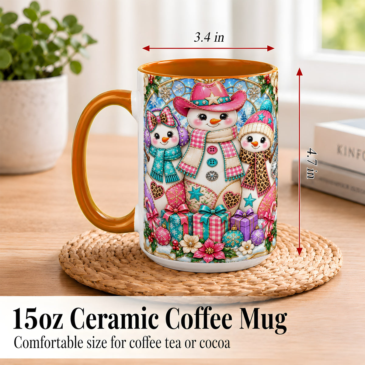 #pl[15oz|Orange] Western Snowmen Coffee Mug, Stained Glass Style Mug, Ceramic Cup