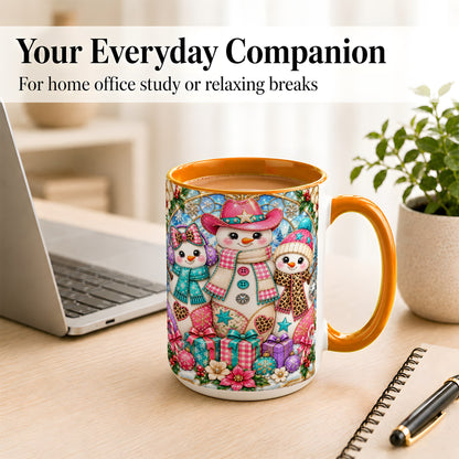 #pl[15oz|Orange] Western Snowmen Coffee Mug, Stained Glass Style Mug, Ceramic Cup