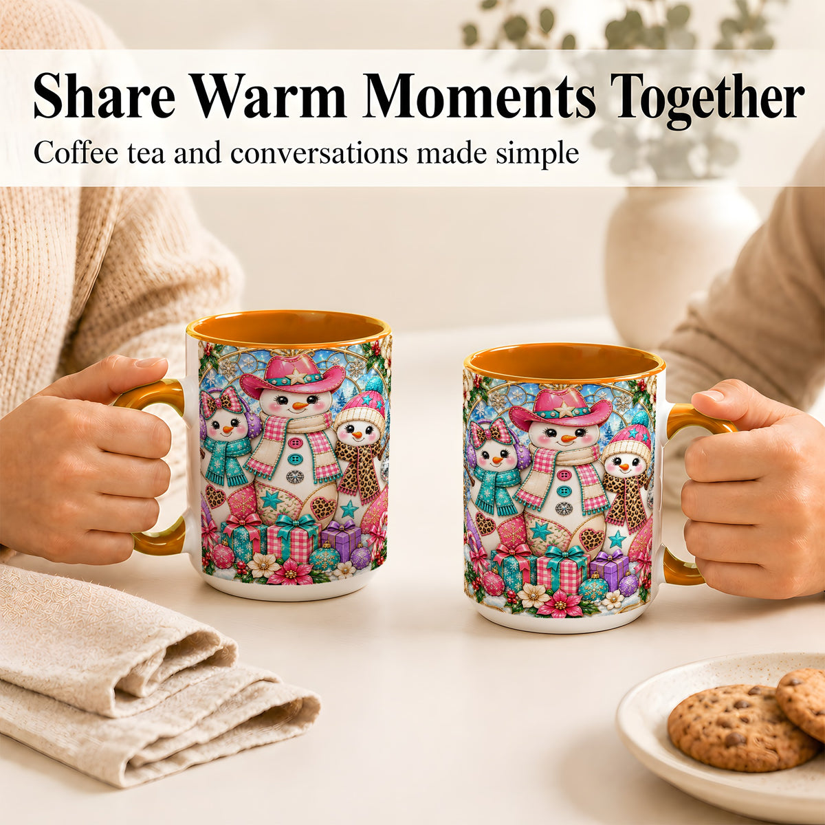 #pl[15oz|Orange] Western Snowmen Coffee Mug, Stained Glass Style Mug, Ceramic Cup