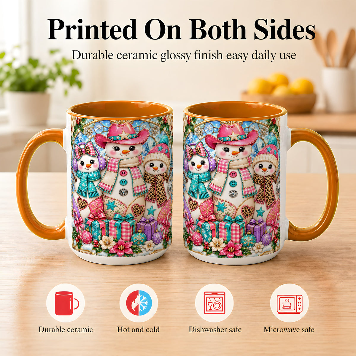 #pl[15oz|Orange] Western Snowmen Coffee Mug, Stained Glass Style Mug, Ceramic Cup
